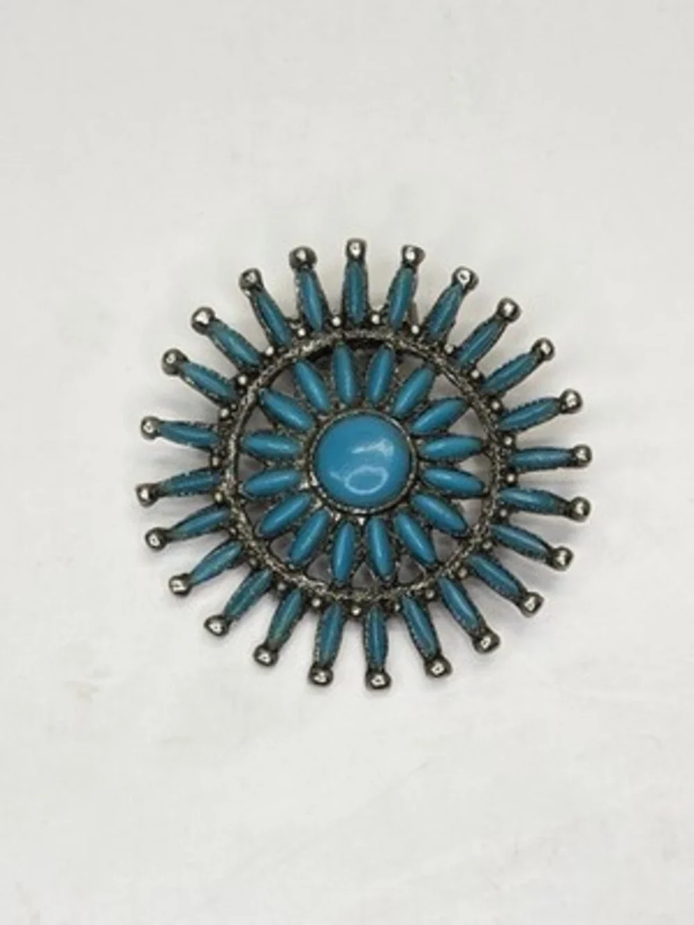 Bohemian Western Silver Tone Turquoise Bead Sunburst Statement Pin Brooch